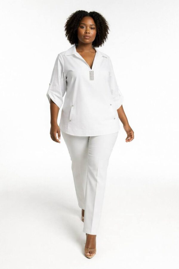 Elegant Light Blue V-Neck Tunic with Rhinestone Detail