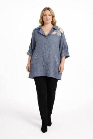 Elegant Blue Textured Tunic Shirt with Floral Embroidery