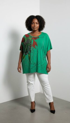 Women's Emerald Green Embellished Floral Graphic Blouse