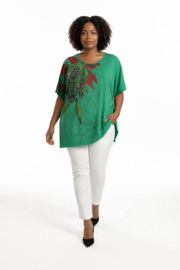 Women's Emerald Green Embellished Floral Graphic Blouse