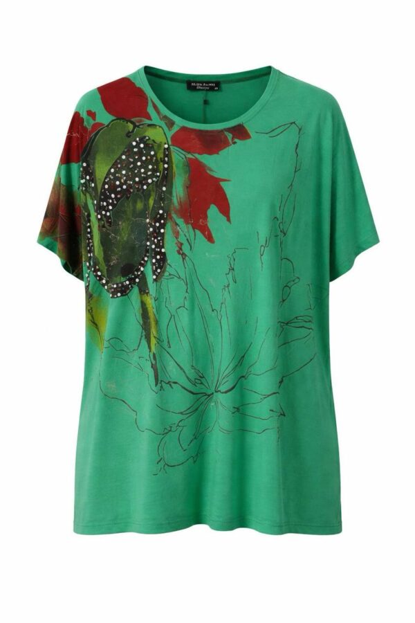 Women's Emerald Green Embellished Floral Graphic Blouse