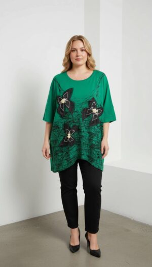 Women's Emerald Green Butterfly Embellished Tunic Blouse