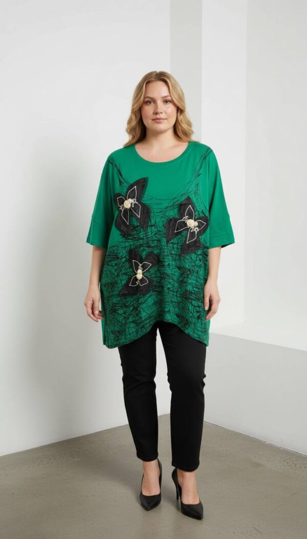 Women's Emerald Green Butterfly Embellished Tunic Blouse