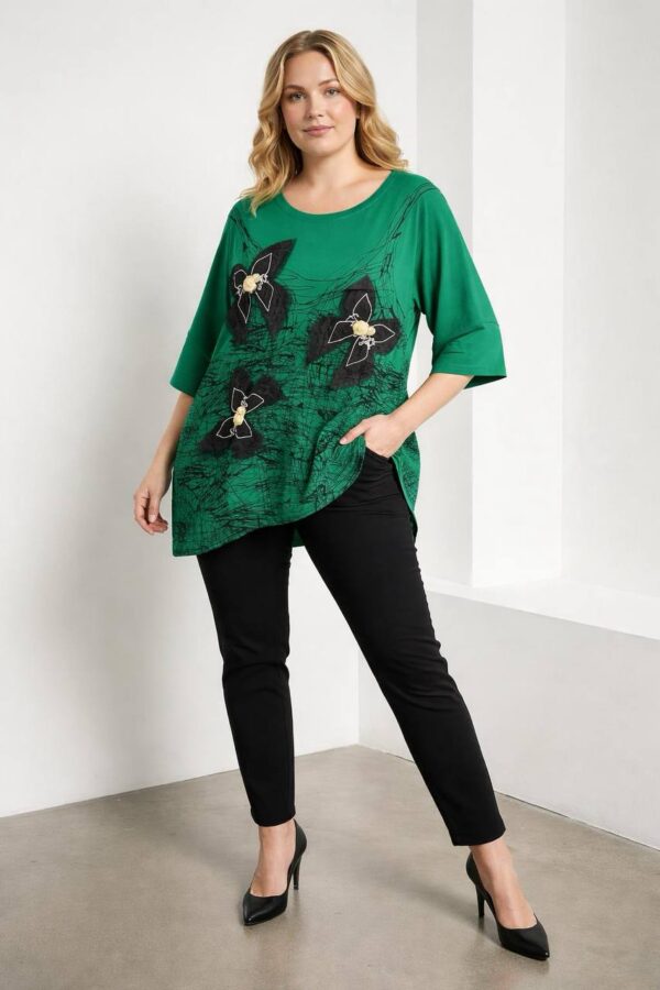 Women's Emerald Green Butterfly Embellished Tunic Blouse