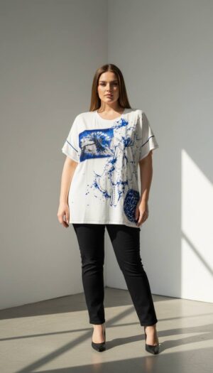 Artistic Graphic Print White Short Sleeve Blouse