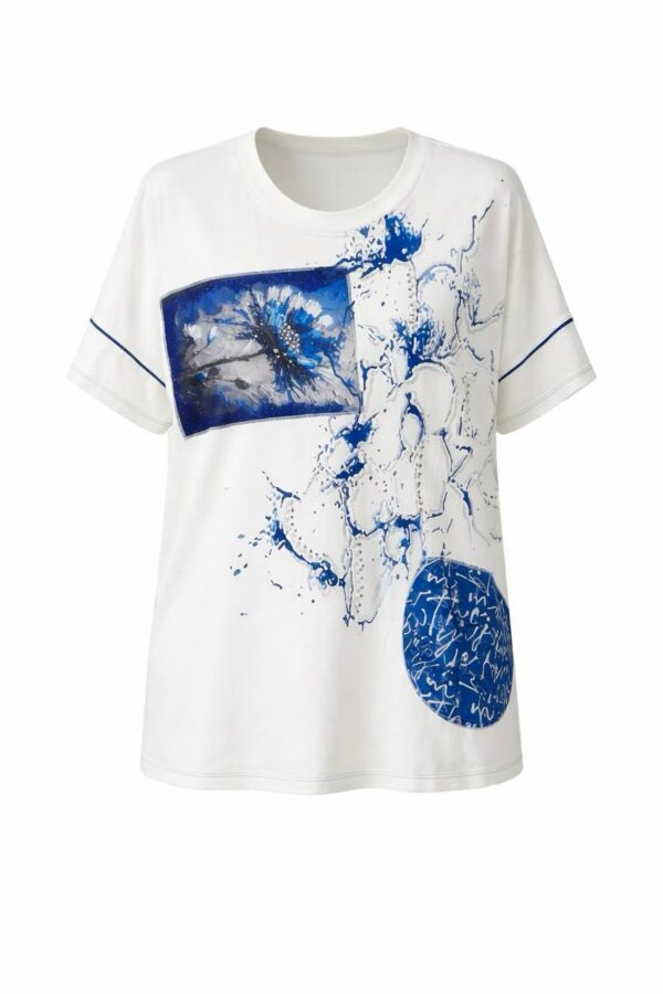 Artistic Graphic Print White Short Sleeve Blouse