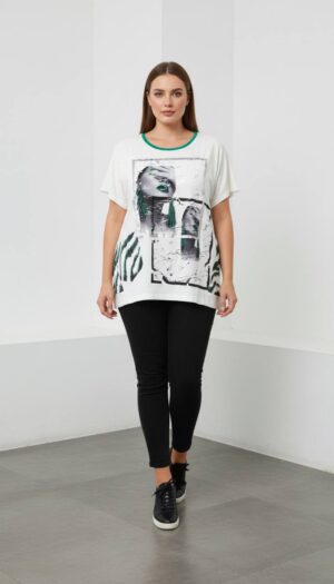 Women's Modern Graphic Print Blouse with Green Trim