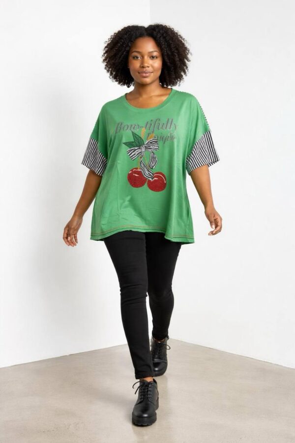 Cherry Graphic Oversized Blouse with Striped Sleeves