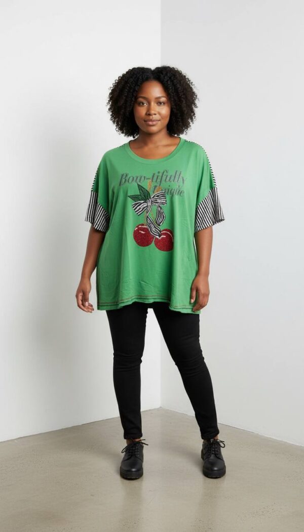 Cherry Graphic Oversized Blouse with Striped Sleeves