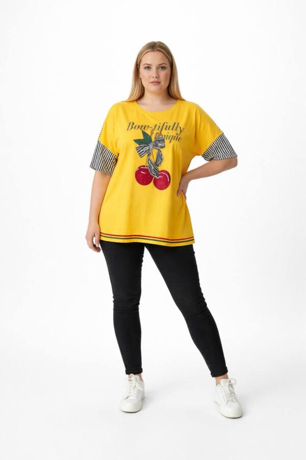 Cherry Graphic Oversized Blouse with Striped Sleeves