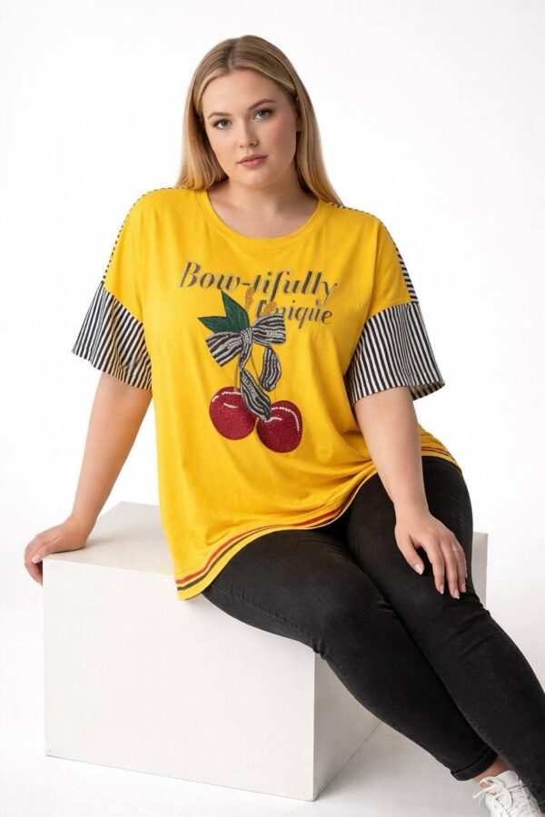 Cherry Graphic Oversized Blouse with Striped Sleeves