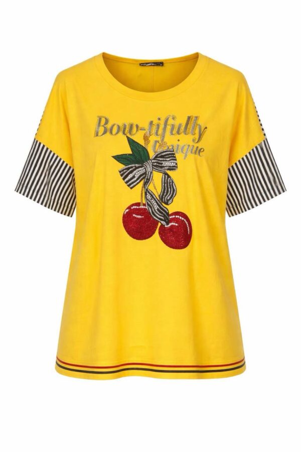 Cherry Graphic Oversized Blouse with Striped Sleeves