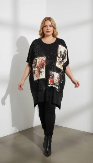Women's Graphic Print Oversized Black Batwing Blouse