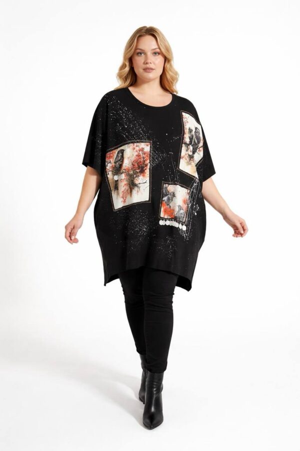 Women's Graphic Print Oversized Black Batwing Blouse