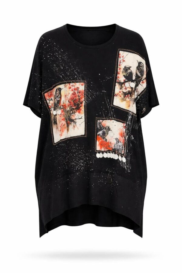 Women's Graphic Print Oversized Black Batwing Blouse