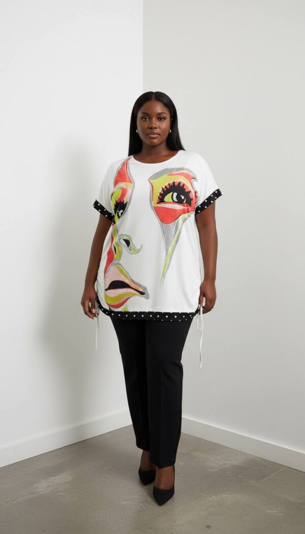 Artistic Graphic Print Blouse with Polka Dot Trim