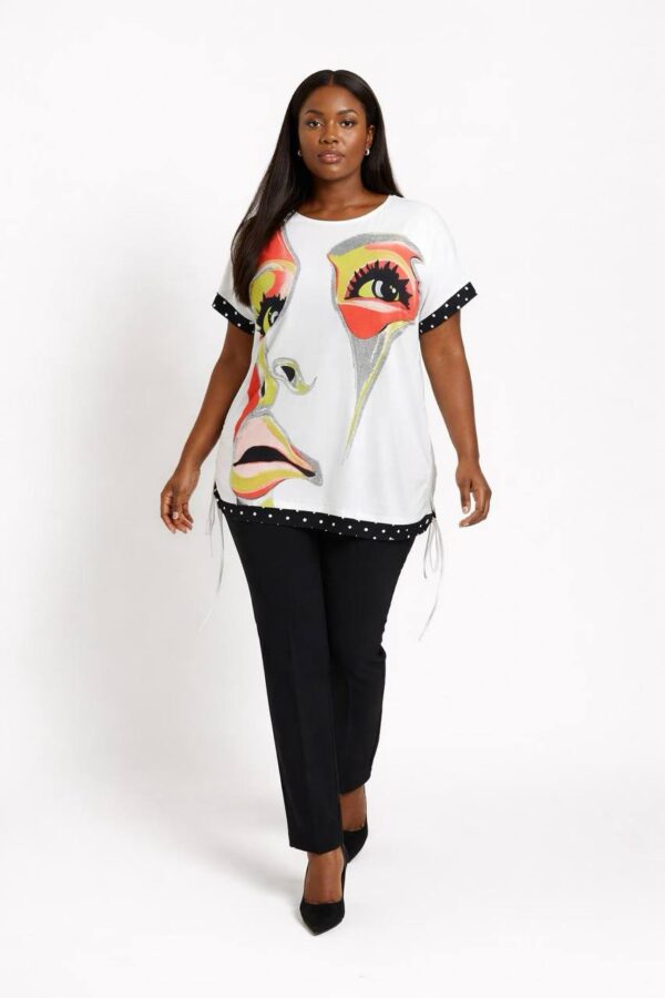 Artistic Graphic Print Blouse with Polka Dot Trim