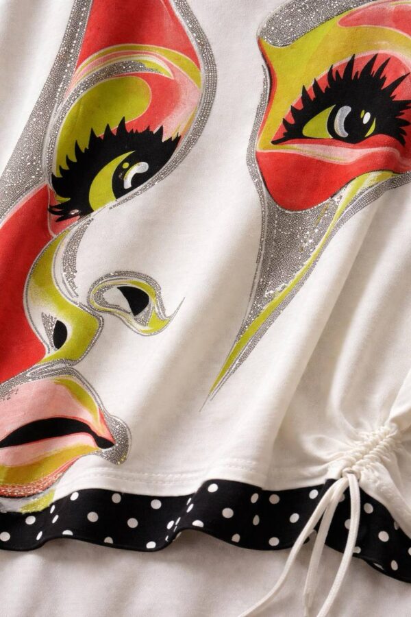 Artistic Graphic Print Blouse with Polka Dot Trim