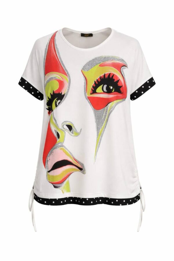 Artistic Graphic Print Blouse with Polka Dot Trim