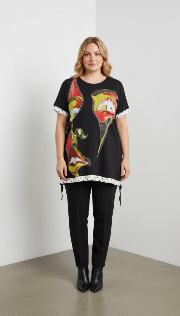 Artistic Graphic Print Blouse with Polka Dot Trim