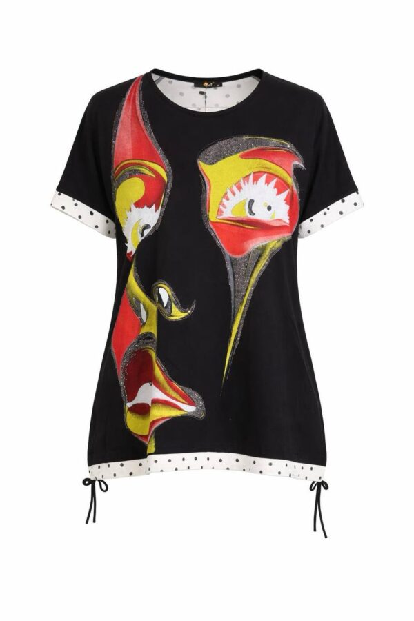 Artistic Graphic Print Blouse with Polka Dot Trim