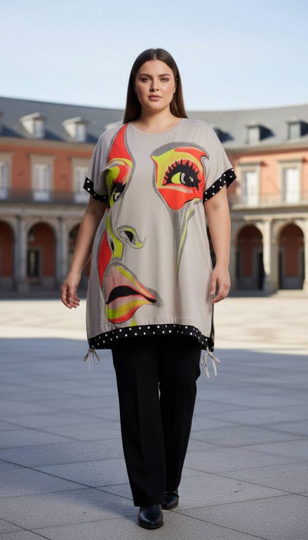 Artistic Graphic Print Blouse with Polka Dot Trim