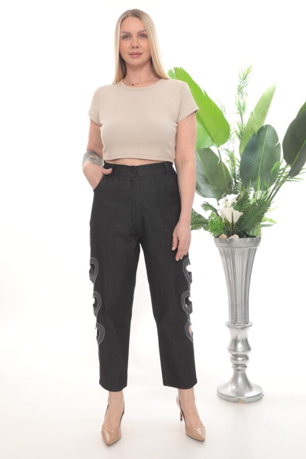 Women's Black Heart Detail Cut-Out Fashion Trousers