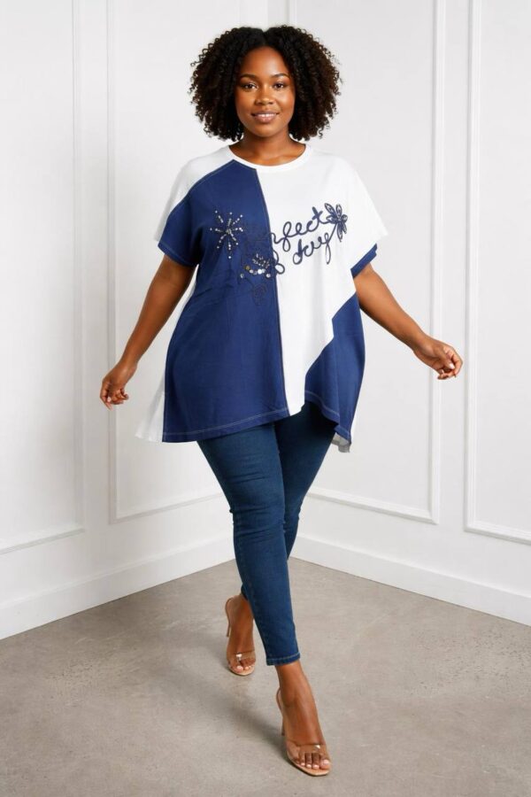 Elegant Two-Tone Graphic Embellished Women's Blouse