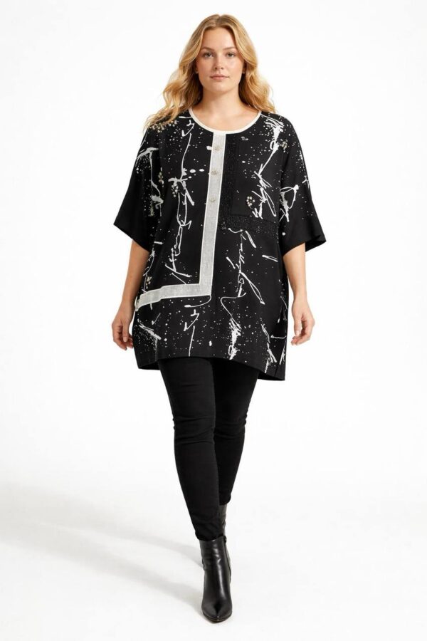 Elegant Black Abstract Print Tunic Blouse