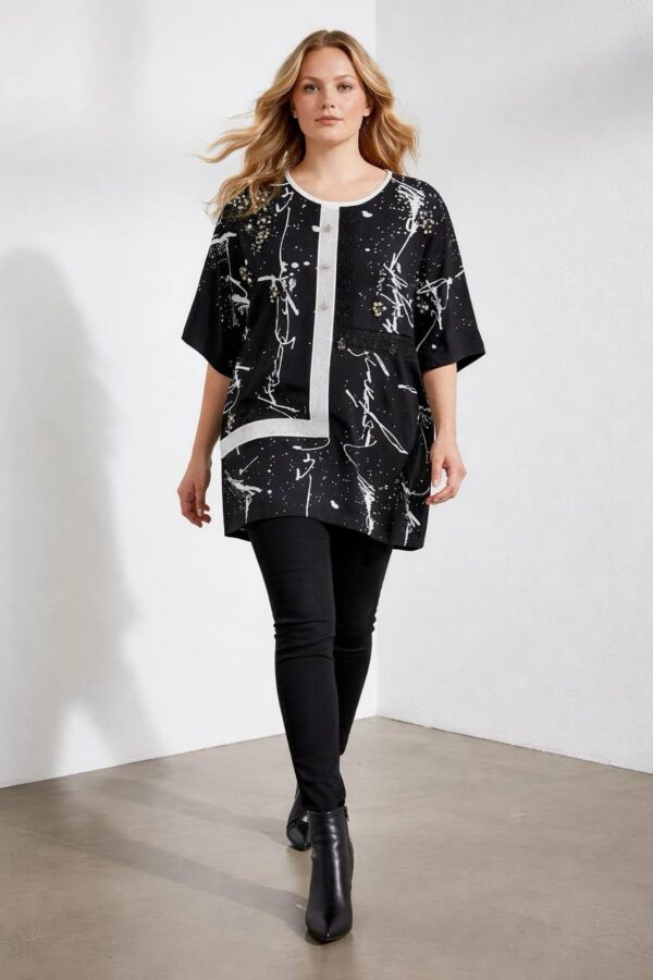 Elegant Black Abstract Print Tunic Blouse
