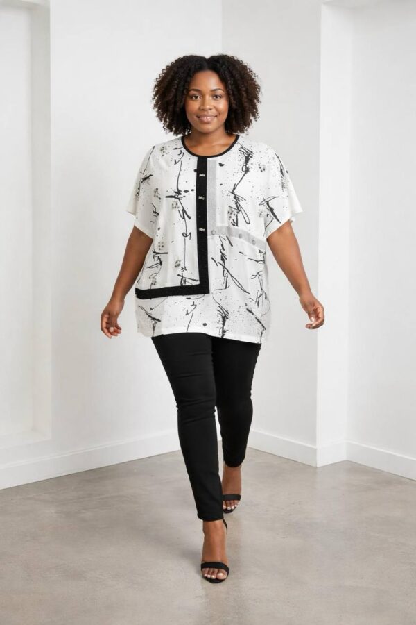 Elegant Black Abstract Print Tunic Blouse