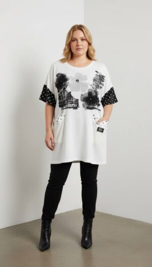 Floral Graphic Longline Blouse with Polka Dot Accents
