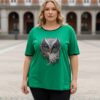 Women's Green Owl Embellished Short Sleeve Blouse