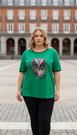 Women's Green Owl Embellished Short Sleeve Blouse
