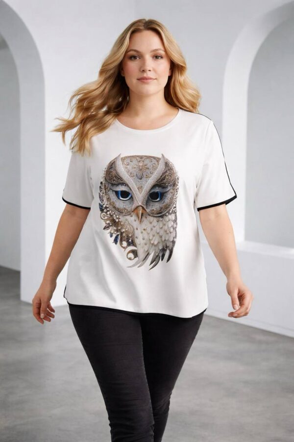 Women's Green Owl Embellished Short Sleeve Blouse