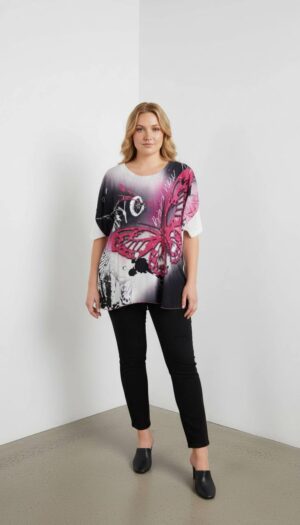 Elegant Butterfly Print Oversized Casual Blouse