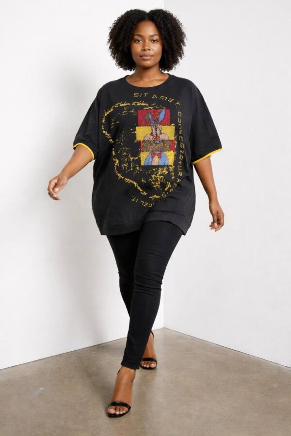 Oversized Graphic Print Blouse with Sequin Accents