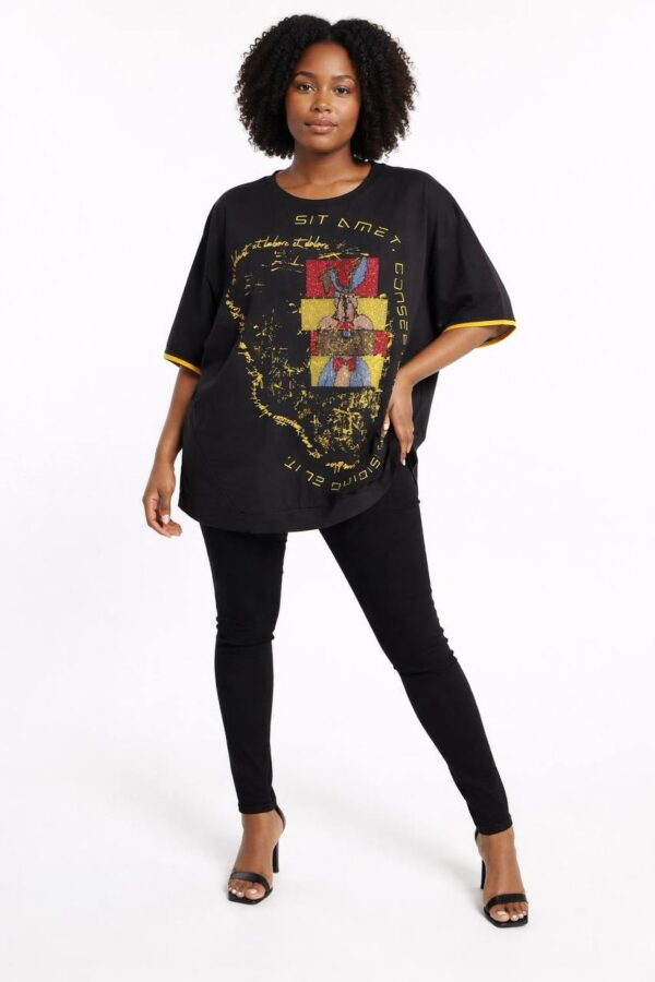 Oversized Graphic Print Blouse with Sequin Accents