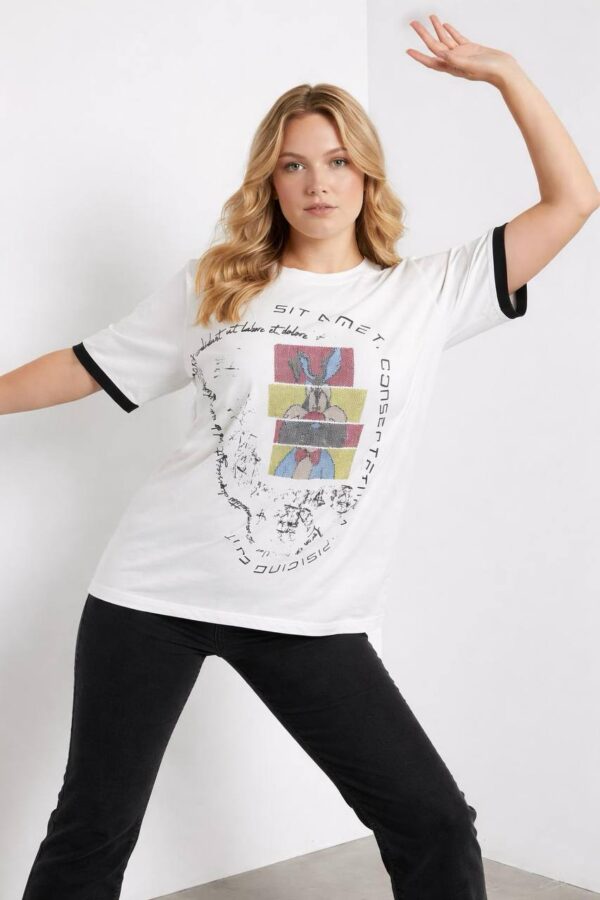 Oversized Graphic Print Blouse with Sequin Accents