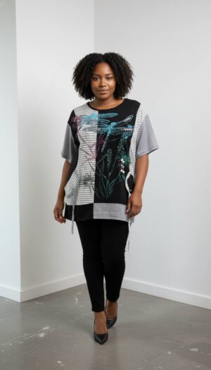Dragonfly Graphic Patchwork Knit Tunic Blouse