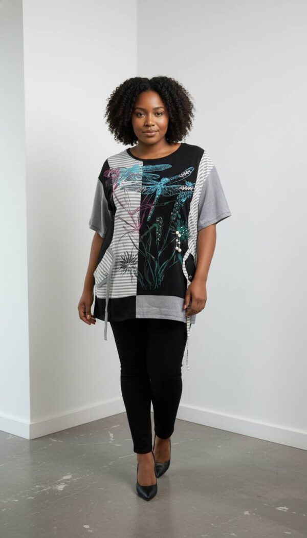 Dragonfly Graphic Patchwork Knit Tunic Blouse