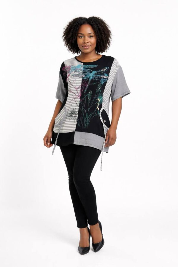 Dragonfly Graphic Patchwork Knit Tunic Blouse