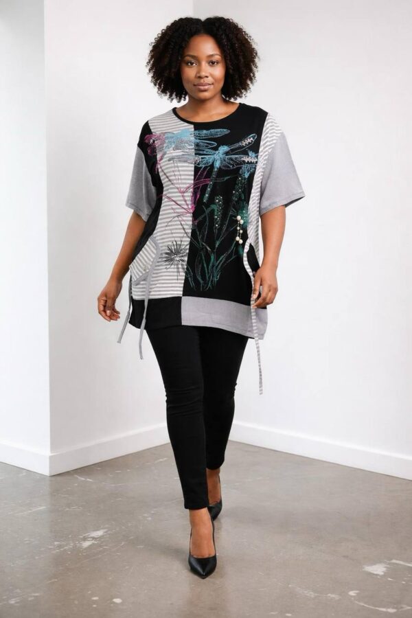 Dragonfly Graphic Patchwork Knit Tunic Blouse