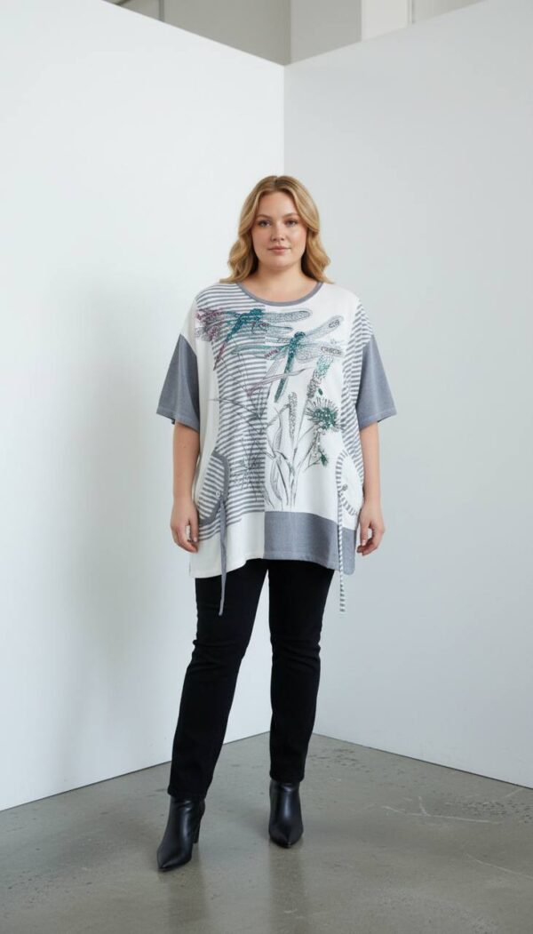 Dragonfly Graphic Patchwork Knit Tunic Blouse