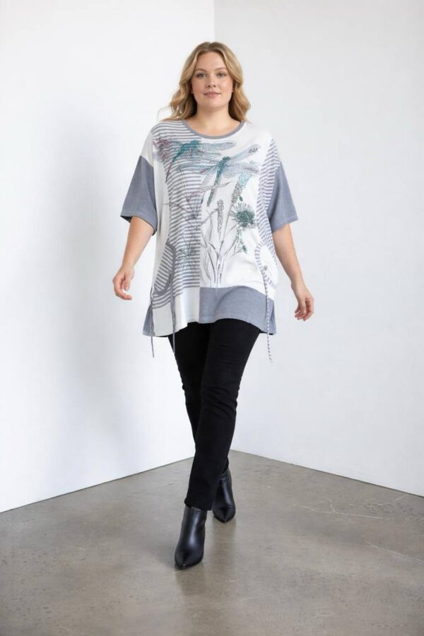Dragonfly Graphic Patchwork Knit Tunic Blouse