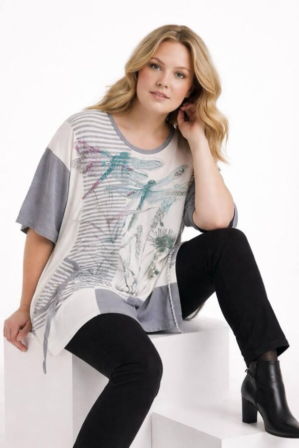 Dragonfly Graphic Patchwork Knit Tunic Blouse