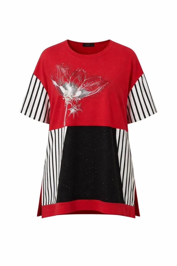 Red Floral Striped Color-Block Women's Oversized Blouse