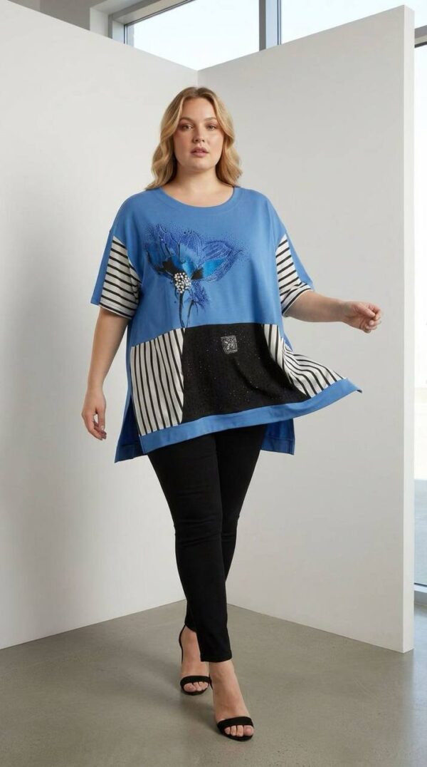 Red Floral Striped Color-Block Women's Oversized Blouse