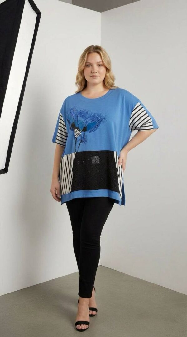 Red Floral Striped Color-Block Women's Oversized Blouse