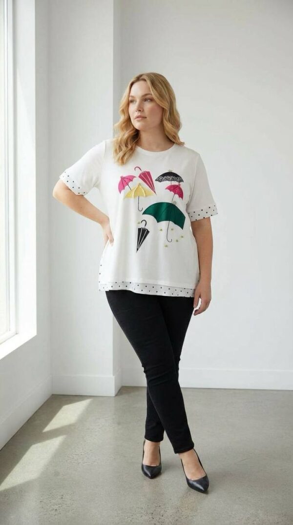 Elegant Umbrella Graphic Blouse with Polka Dot Trim